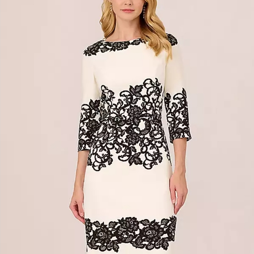Adrianna Papell Scroll Lace Midi Dress With Three Quarter Sleeves In Ivory Black